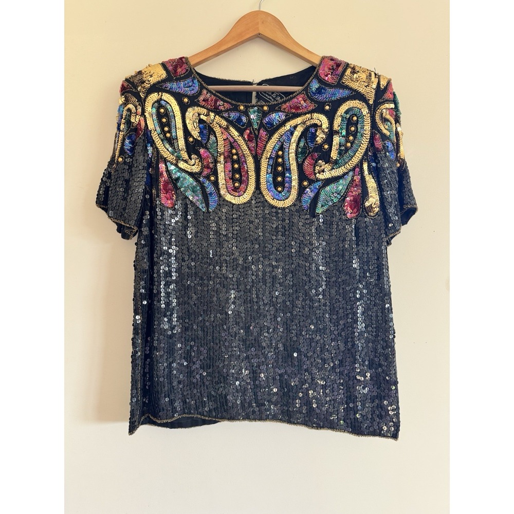 Joseph Le Bon Vintage Sequined Silk Shirt 80s 90s Shoulder Pads Beaded